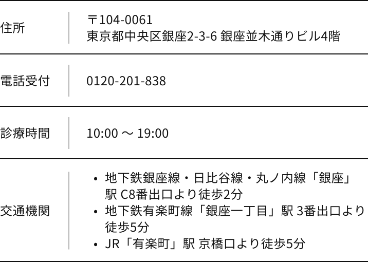 〒104-0061 東京都中央区銀座2-3-6 銀座並木通りビル4階